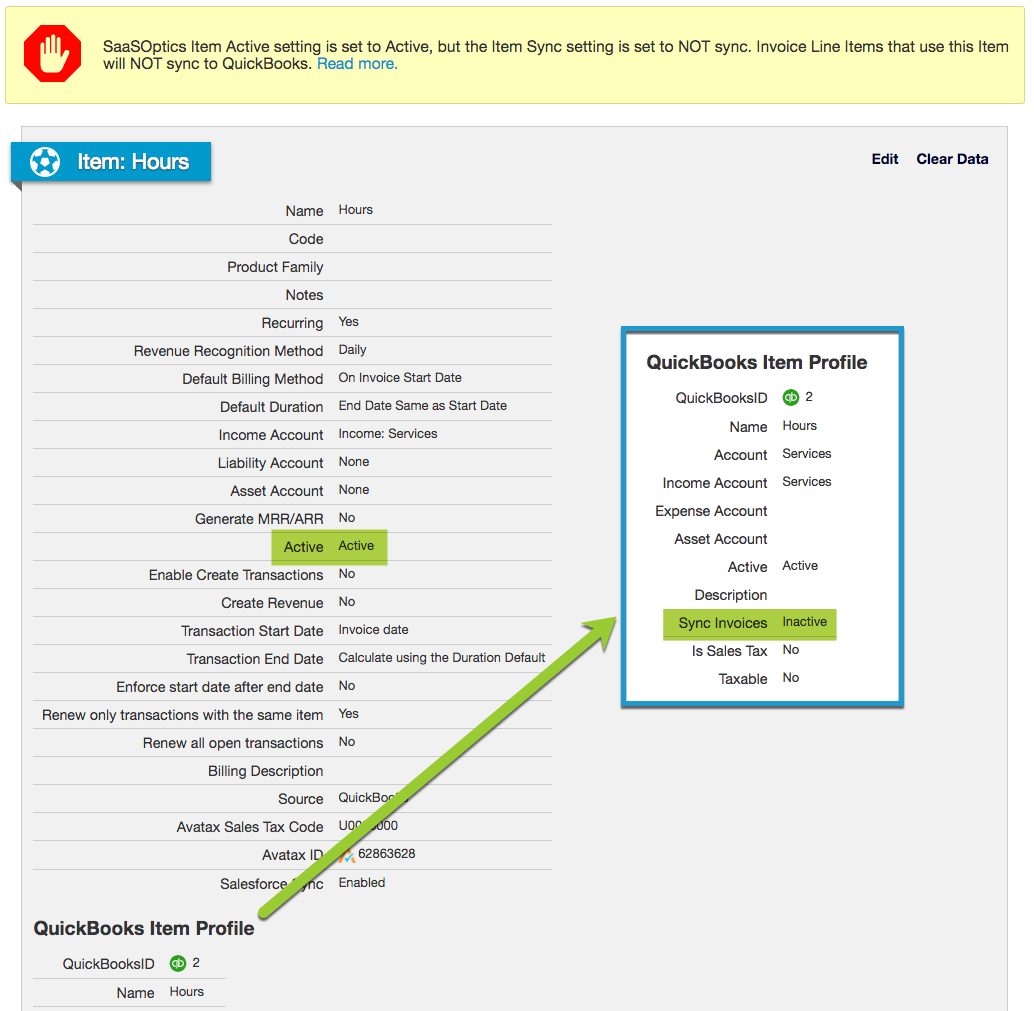 Maxio item record with its QuickBooks profile set not to sync invoices