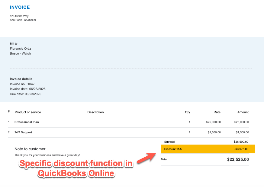 QuickBooks Online invoice with two product lines and a single percentage discount applied against the subtotal
