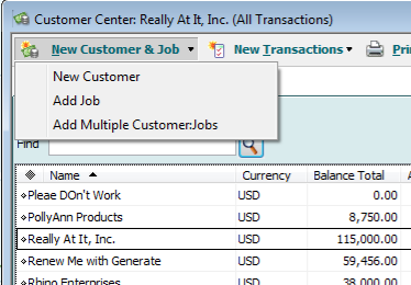 QuickBooks Customer Center with the New Customer and Job menu open