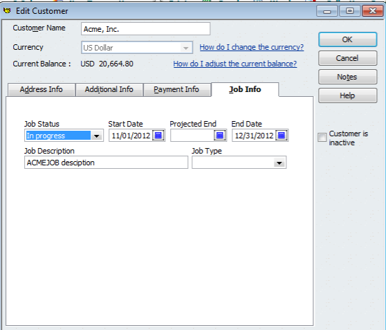 QuickBooks Edit Customer window on the Job Info tab, with job status, dates and description