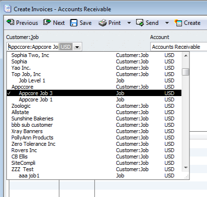 QuickBooks Create Invoices window with a customer and job selector