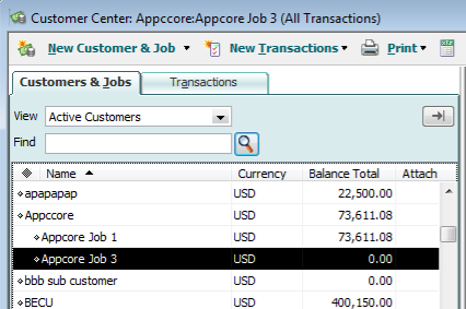 QuickBooks customer list with jobs nested beneath their parent customers