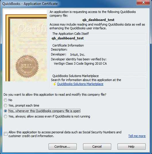 QuickBooks application certificate dialog with its three access options