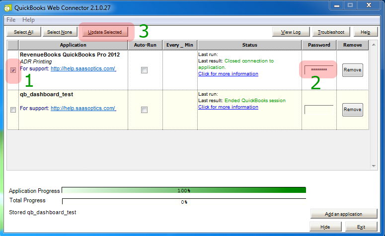 Web Connector with the RevenueBooks row, numbering the checkbox, password column and update button as three steps