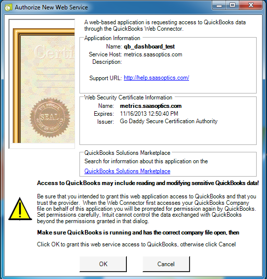Authorize New Web Service dialog with the application name and certificate issuer