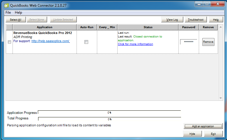 QuickBooks Web Connector with its application list and an Add Application button
