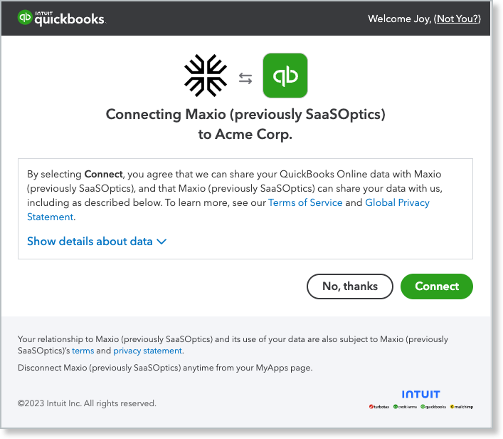 Intuit consent screen connecting Maxio to a company, with the data-sharing terms and a connect control