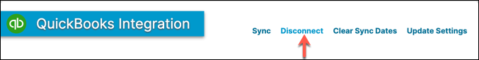 QuickBooks integration header with the sync, disconnect, clear sync dates and update settings controls highlighted