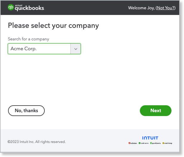 Intuit company picker for choosing which company to connect