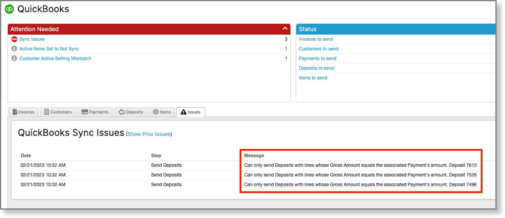 QuickBooks sync issues listing repeated errors that a deposit line's gross amount must equal the associated payment