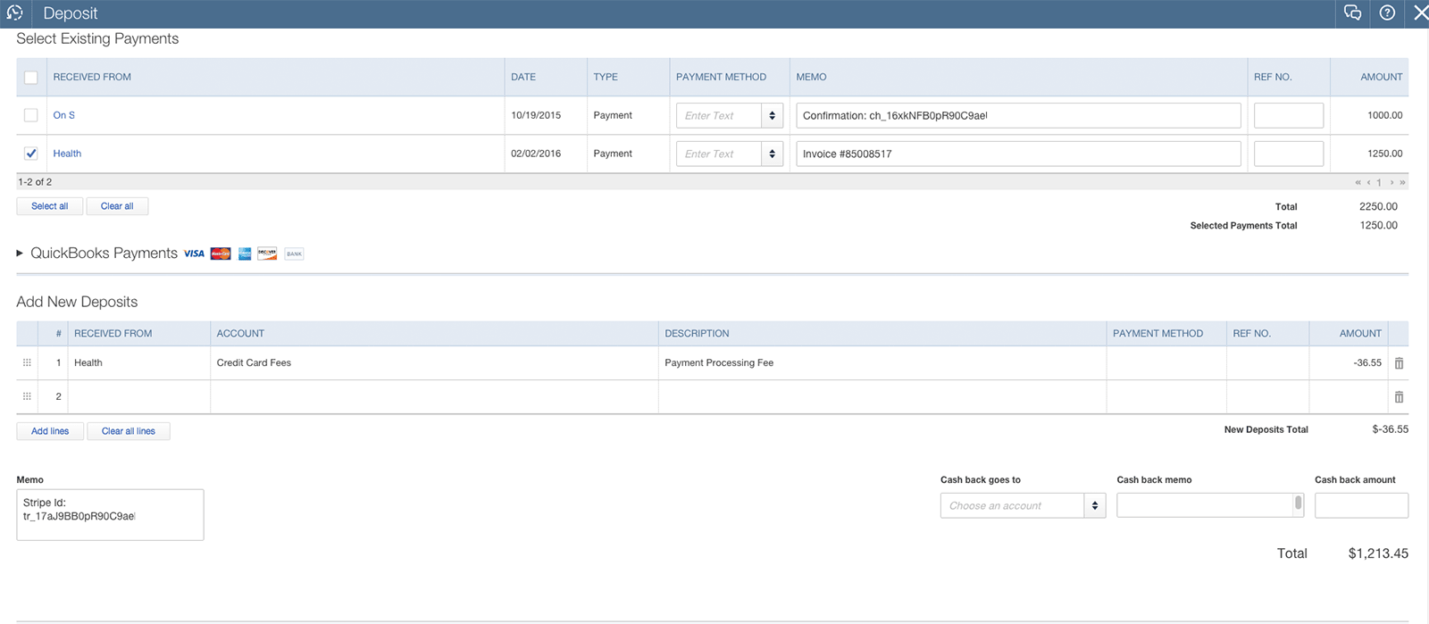 Synced deposit detail split into its payment and fee lines