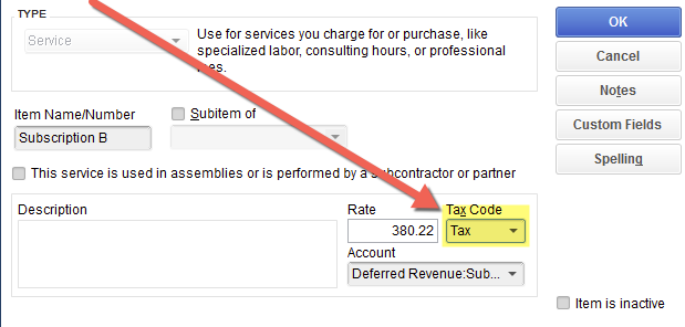 QuickBooks Desktop item window with the tax code set to Tax and highlighted