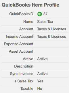 Maxio QuickBooks item profile marked as sales tax, not taxable, syncing invoices, with its accounts filled in