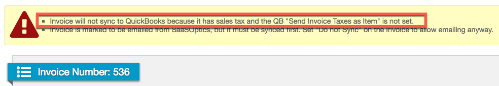 Maxio invoice warning that it will not sync because it has sales tax and the tax item setting is not configured