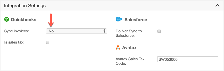 Item edit page Integration Settings section with the Sync invoices dropdown set to No, pointed out by a red arrow