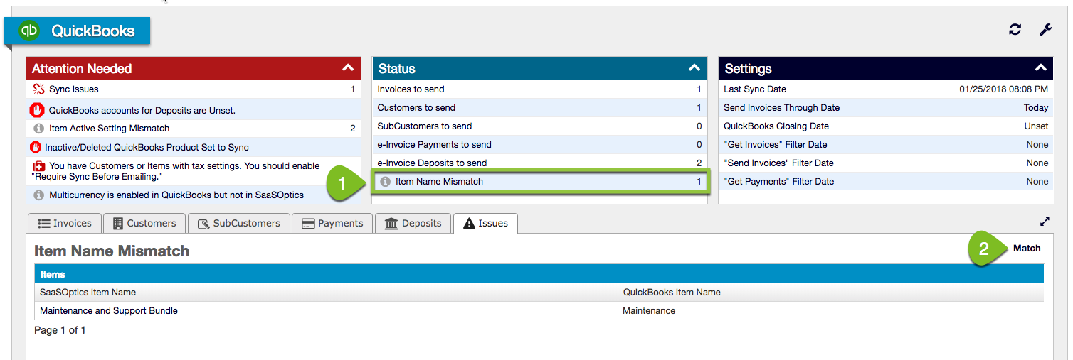 Item name mismatch entry pairing each item's Maxio name against its QuickBooks name, with a match control