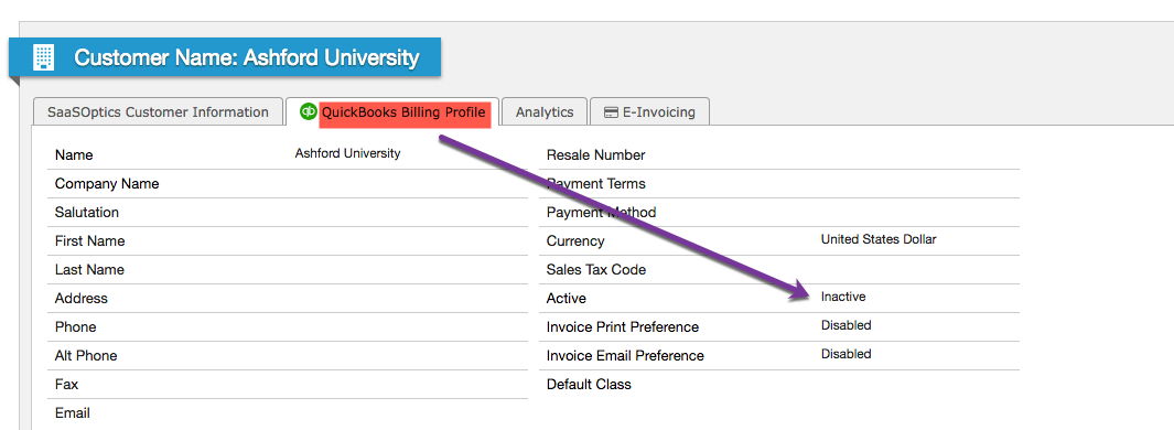QuickBooks billing profile with the Active field set to Inactive