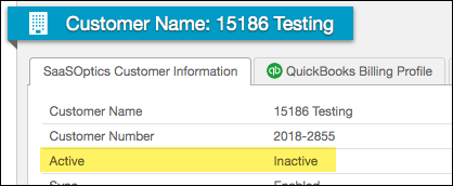 The Maxio Platform Customer Information tab for a different Customer, with the Active field highlighted showing Inactive.