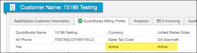 QuickBooks billing profile with the Active field restored to Active