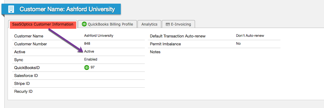 The Maxio Platform Customer Information tab, with an arrow pointing to the Customer's Active field set to Active.