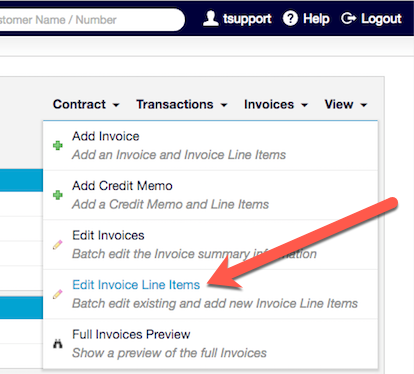 Invoice drop-down menu showing the Edit Invoice Line Items option