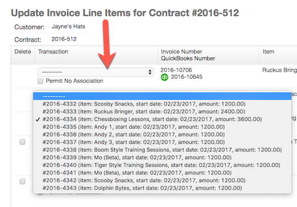 Update Invoice Line Items screen with the Transaction association dropdown for a Line Item called out