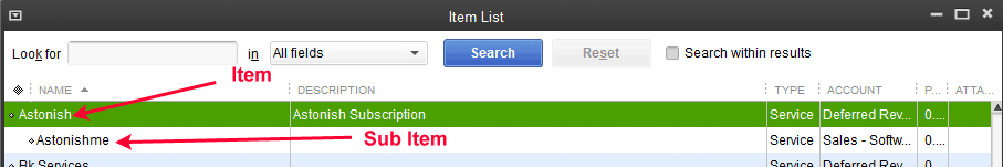 QuickBooks Item List showing the Astonishme sub-item nested under its parent Item, Astonish