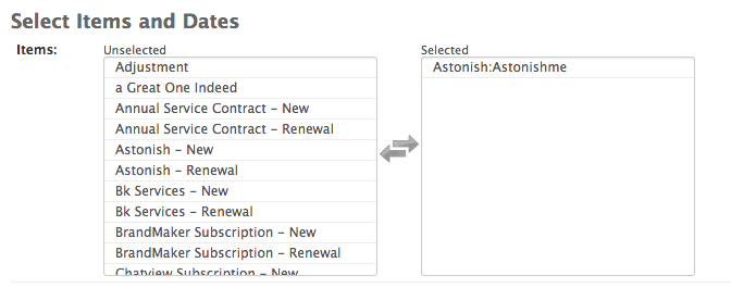 Maxio Platform's Select Items and Dates screen showing the synced sub-item listed as Astonish:Astonishme