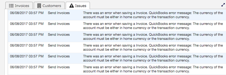 Send Invoices Issues list in Maxio repeating the QuickBooks currency error across several Invoices