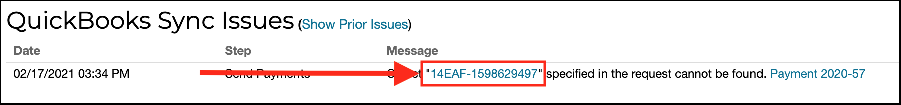 QuickBooks Sync Issues list with an object ID rendered as a clickable link inside the error message