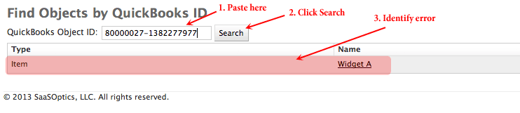 Find Objects by QuickBooks ID results page listing a record's Type and Name