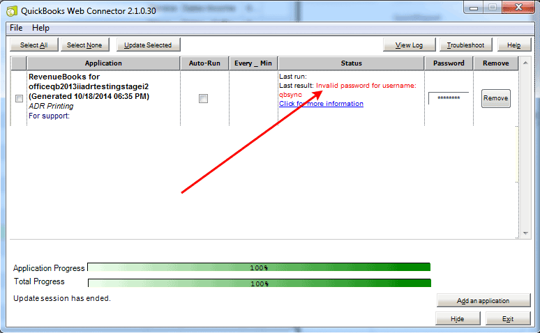 The QuickBooks Web Connector window showing a red "Invalid password for username: qbsync" message in the Status column, with a "Click for more information" link beneath it.