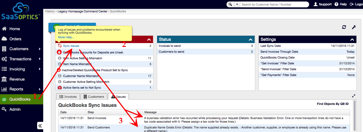 Maxio QuickBooks page listing sync issue types with a count of affected records for each
