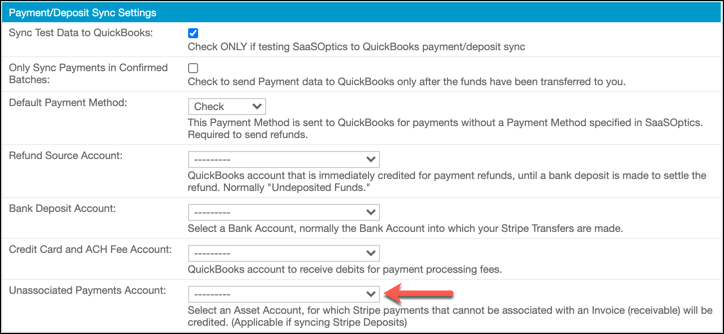 Payment/Deposit Sync Settings page in Maxio with the Unassociated Payments Account dropdown highlighted by a red arrow.