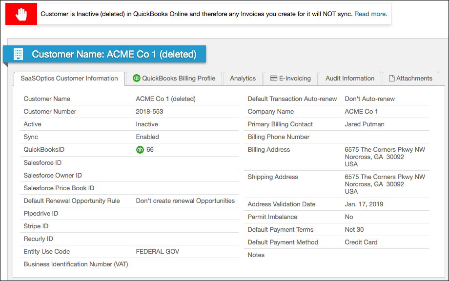 Maxio alert showing a Customer marked Inactive (deleted) in QuickBooks Online