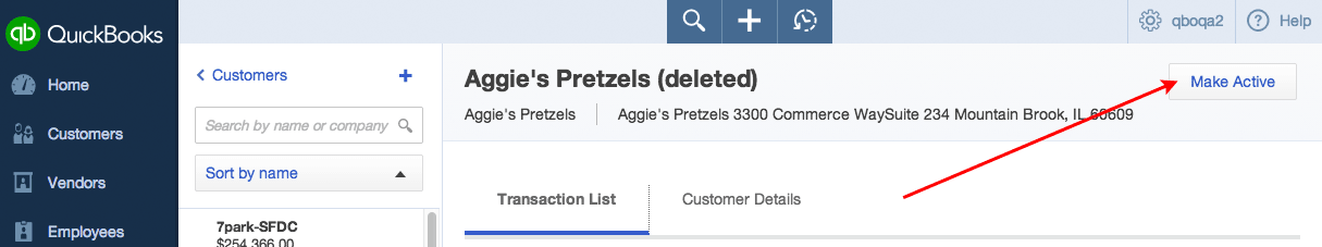 Make Active button on a Customer's page in QuickBooks Online