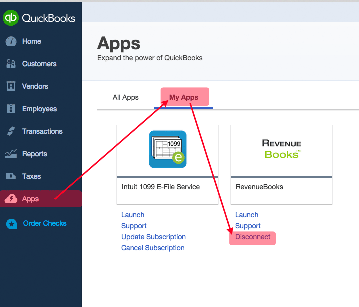 Disconnecting the RevenueBooks app from the Apps tab in QuickBooks Online