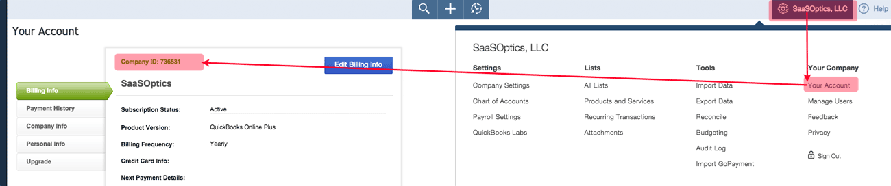 CompanyID (RealmID) location under Your Account in QuickBooks Online