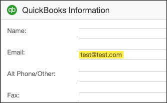 The QuickBooks email field on a Customer record in Maxio