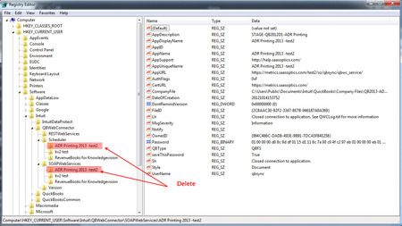 Windows Registry Editor showing the QBWebConnector SOAPWebServices key with the duplicate entry folders marked for deletion