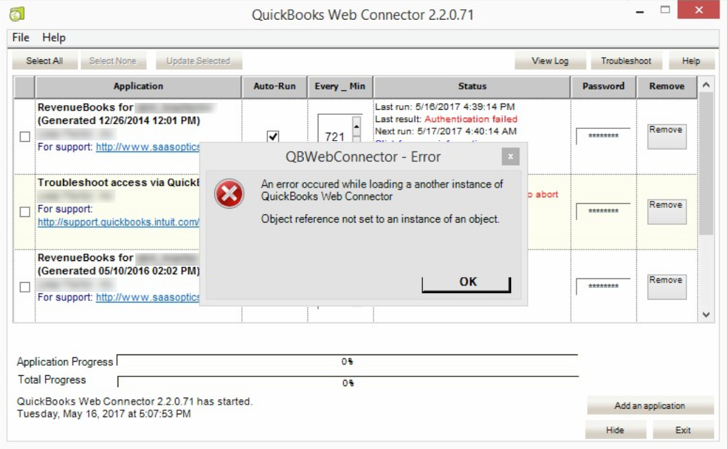 QBWebConnector error dialog reading Object reference not set to an instance of an object, displayed over a Web Connector window listing three separate RevenueBooks entries.