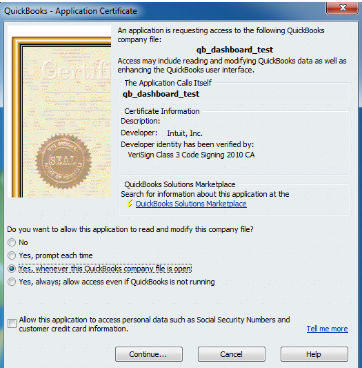 QuickBooks Application Certificate dialog asking whether to allow the application to read and modify the company file, with Yes options and a No option.