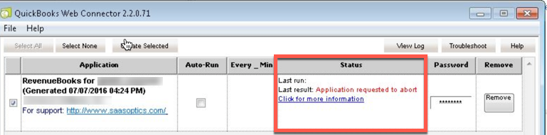 QuickBooks Web Connector status column showing Last result: Application requested to abort for the RevenueBooks application.
