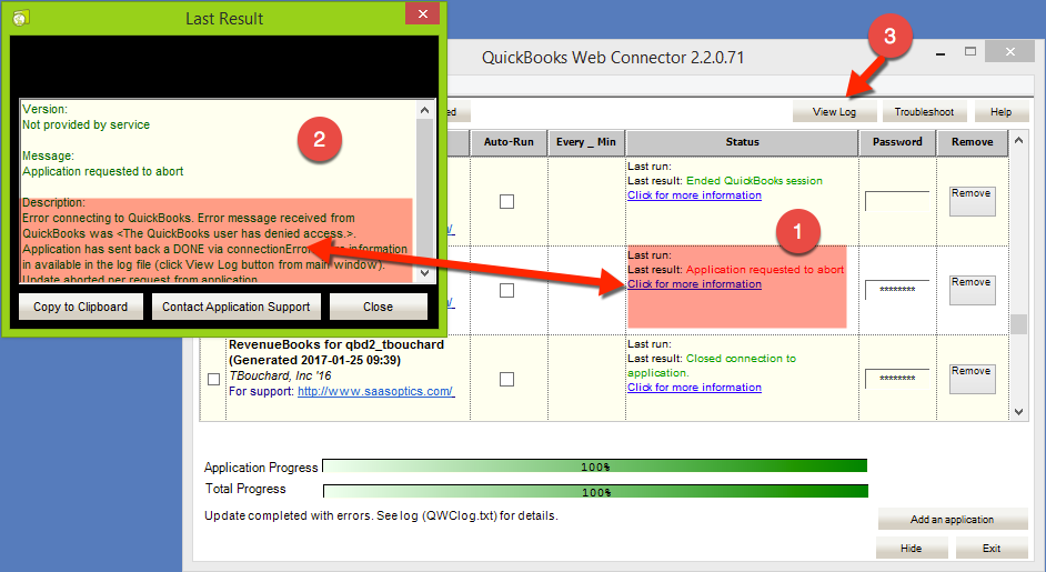 The QuickBooks Web Connector Status column, its "Last Result" information dialog, and the View Log button, numbered 1 through 3.