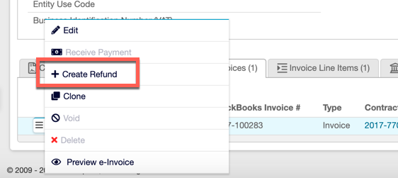 Invoice list row menu with Create Refund highlighted among edit, receive payment, clone, void and delete