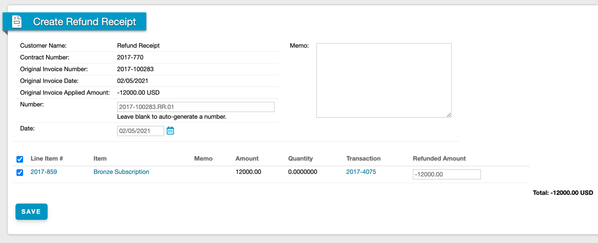 Create Refund Receipt confirmation with number, date, memo and line items, and a refunded amount column with a running total