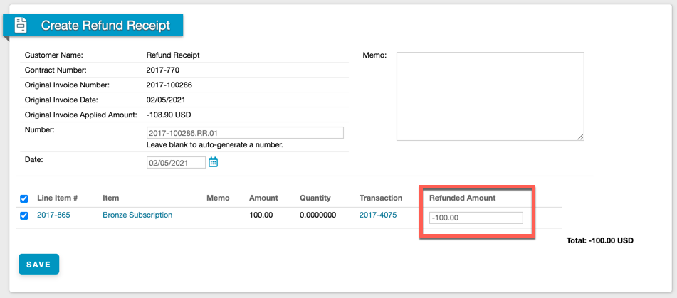Refund receipt prefilled at 100.00, excluding the tax portion