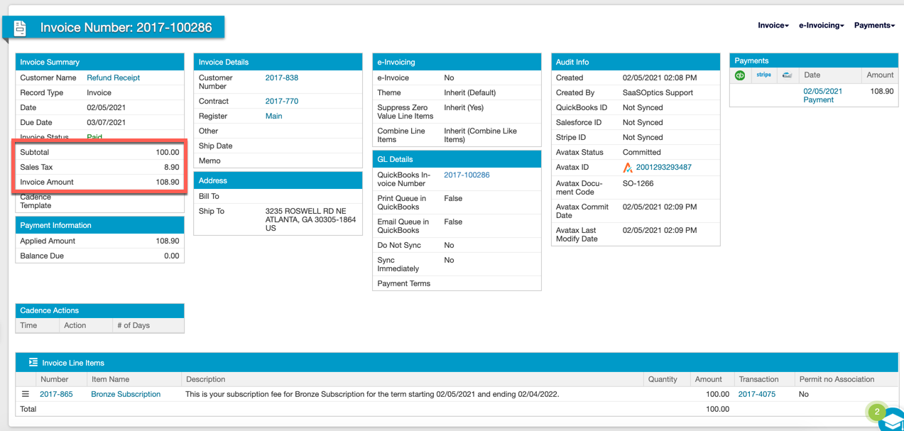 Invoice totalling 108.90, with a 100.00 subtotal and 8.90 sales tax broken out