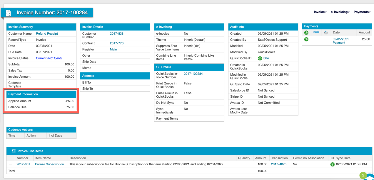 Invoice for 100.00 with 25.00 applied and 75.00 still due