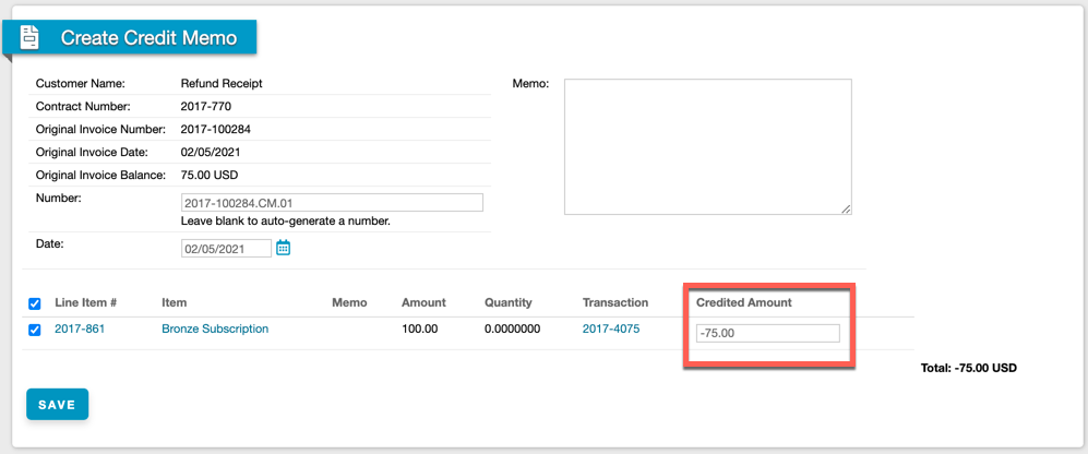 Create Credit Memo prefilled with a credited amount of minus 75.00